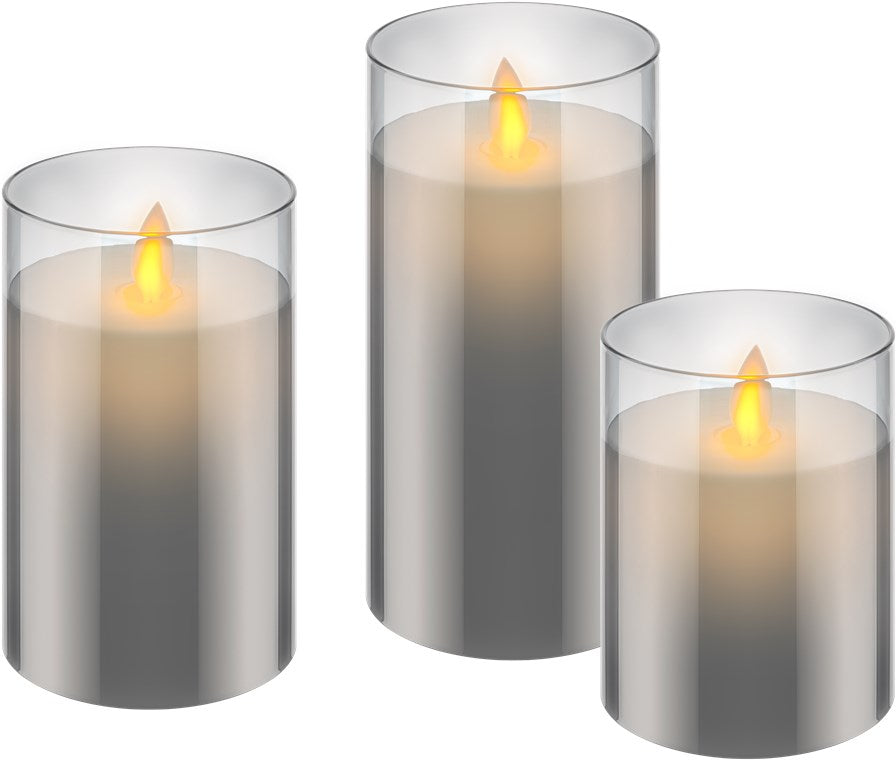 Set di 3 candele a LED in vera cera in vetro grigio-trasparente Set di 3 candele a LED in vera cera in vetro grigio-trasparente